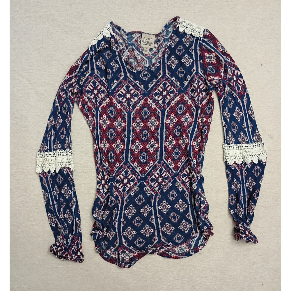 Como Vintage Womens Navy Red Geometric Prairie Lace Trim Cut Out Top Size M